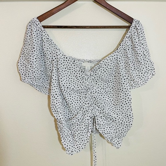 H&M L White Polka Dot Puff Sleeve Crop Top - Picture 2 of 9